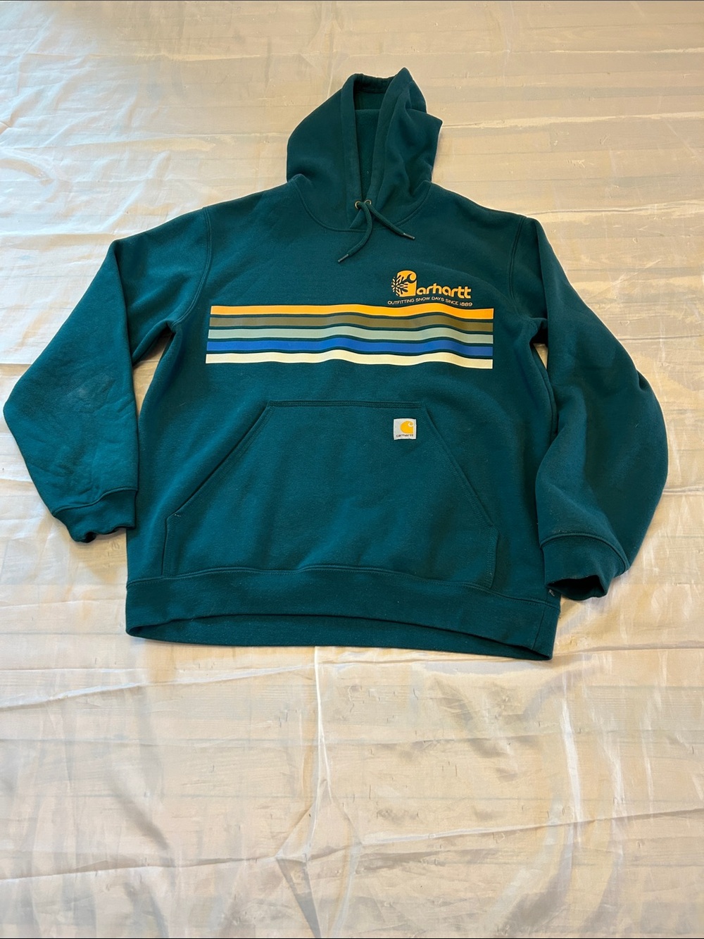 Carhartt Teal Pullover Hoodie with Retro Stripes
